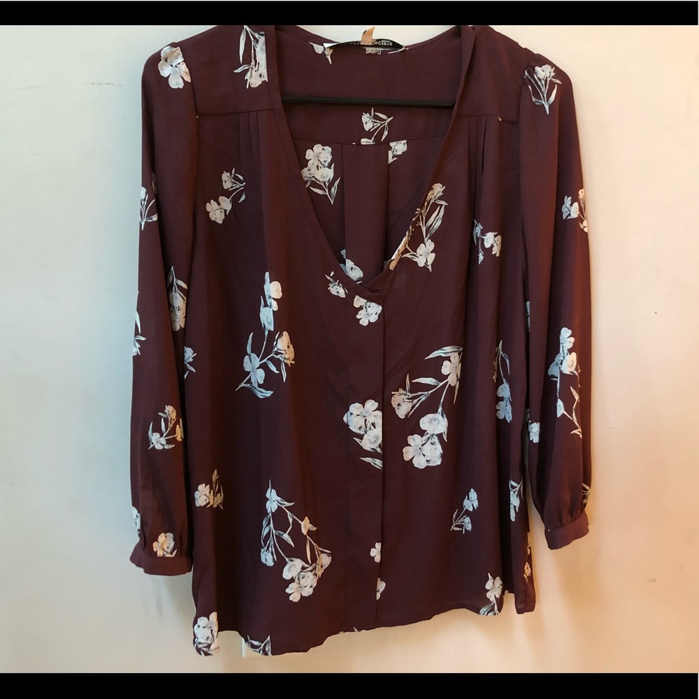 Long sleeve maroon and floral print blouse